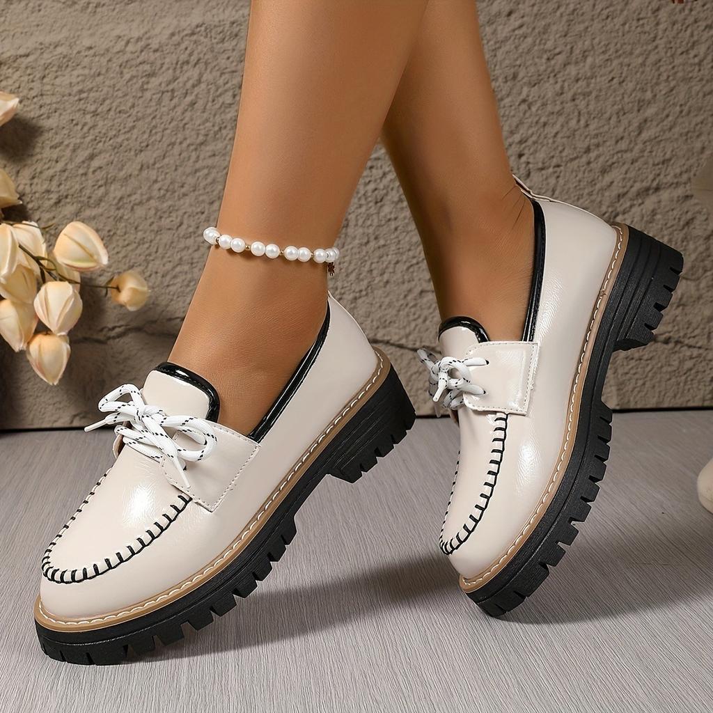 Женские модные и элегантные лоферы однотонной расцветки, декоративные туфли на шнуровке для путешествий, женская обувь в стиле колледжа с круглым носком и толстым каблуком