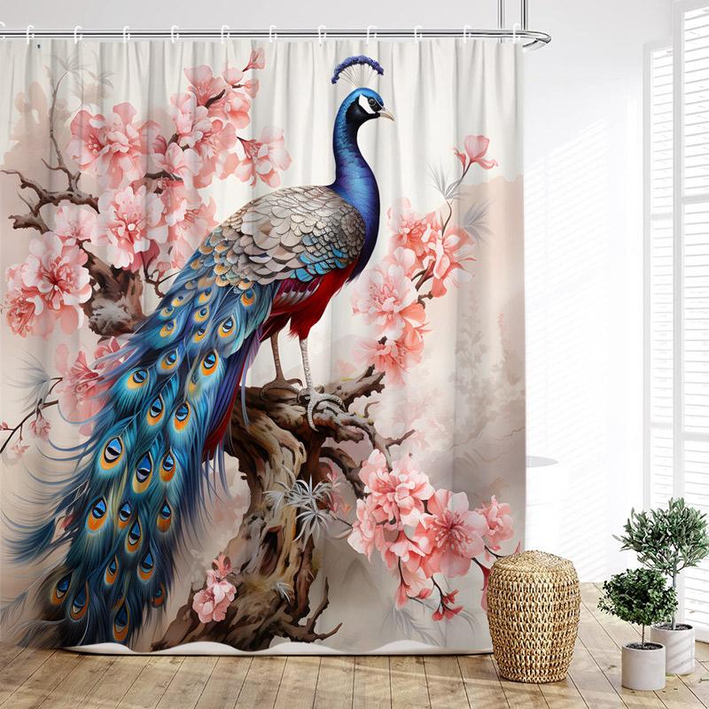 Blue Peacocks Shower Curtains Forest Trees Plants Flowers Waterfall Scenery Polyester Fabric Bathroom Curtain Decor With Hooks
