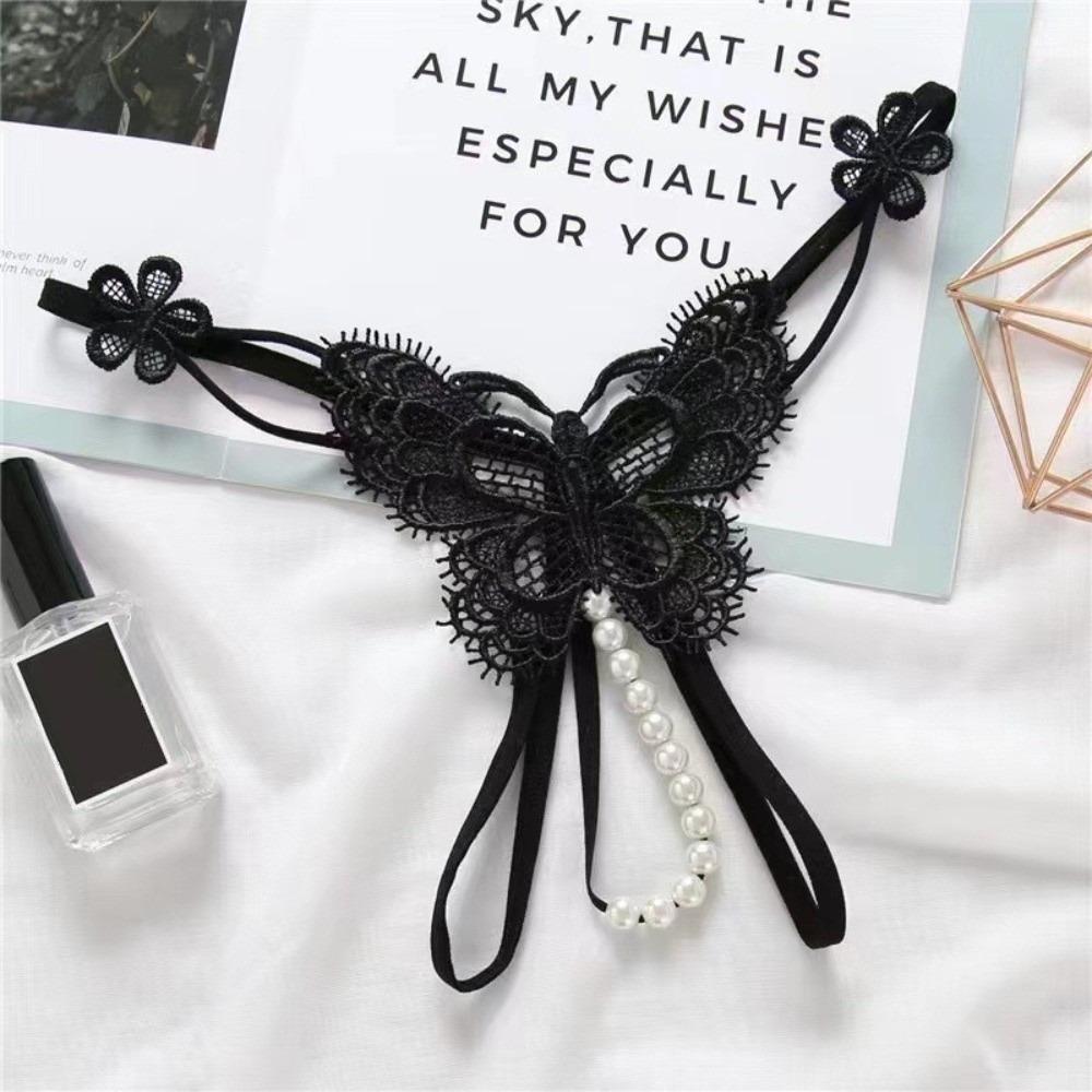 Hollow Open Crotch Underwear for Women Low Waist Thin Belt Thong Lace Pearl Panties  Women