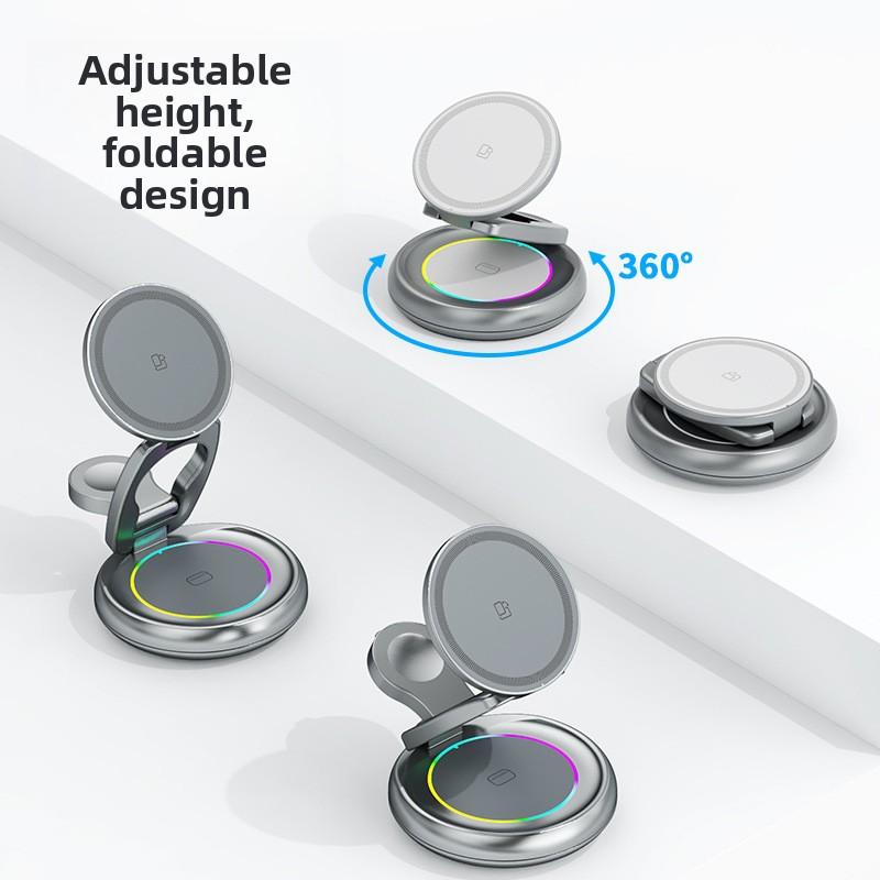 15W 3 in 1 Foldable Magnetic Wireless Charging Station 360 Rotation Fast Charging Stand for Phone Earbuds Smart Watch