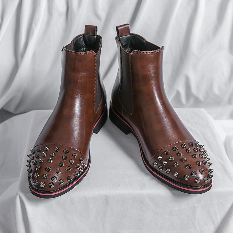 Мужские мотоциклетные ботинки Wingtip Dress Punk Leather Chelsea Boots Rivet Tuxedo Street Style Shoes Plus Size