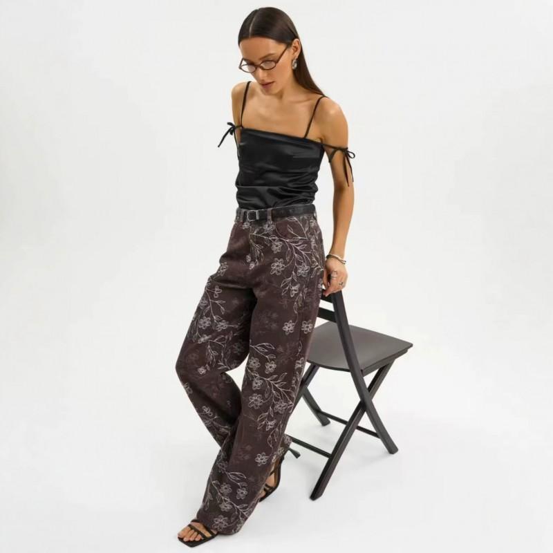2026 Womens High-Waisted Wide-Leg Straight Jeans With Floral Embroidery Loose Fit Cotton Denim Pants
