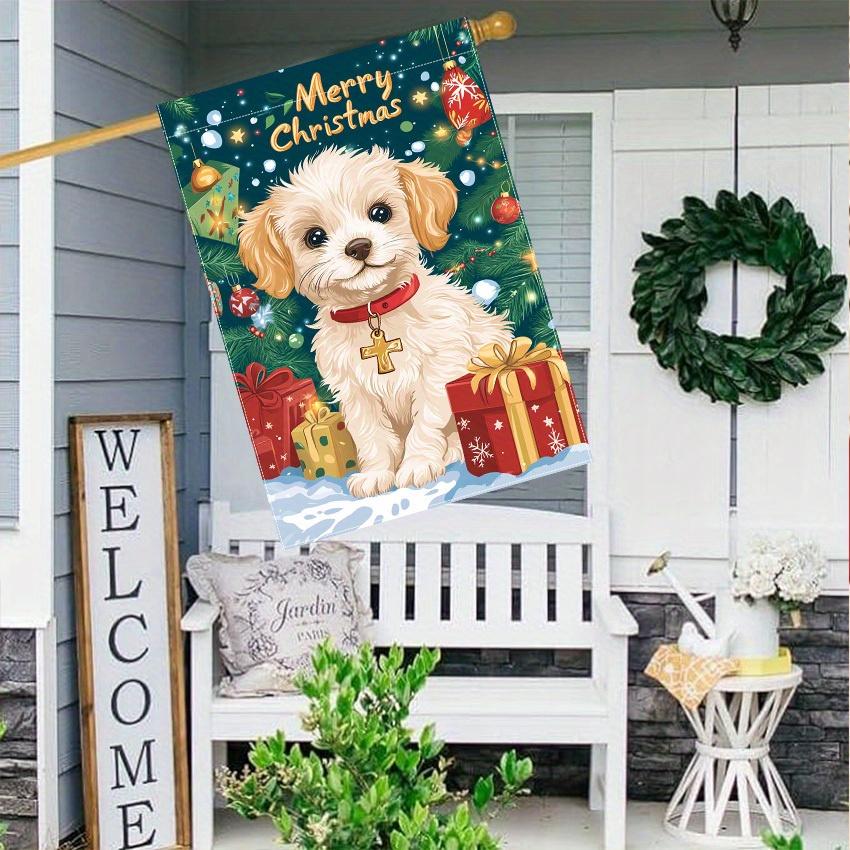 1pc, Festive White Dog Christmas Gift Garden Flag, Double-Sided, Polyester, Outdoor Yard Lawn Decoration, No Power Needed