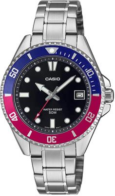 Стандартные аналоговые часы CASIO MDV-10D-1A3V для мальчиков, женщин, девочек, синий и красный безель, металлический браслет, модель Overseas [Параллельный импорт]