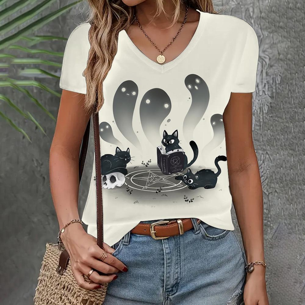 Летняя женская футболка с V-образным вырезом, модный тренд, одежда с коротким рукавом, топ с рисунком кошки, свободная женская футболка с коротким рукавом