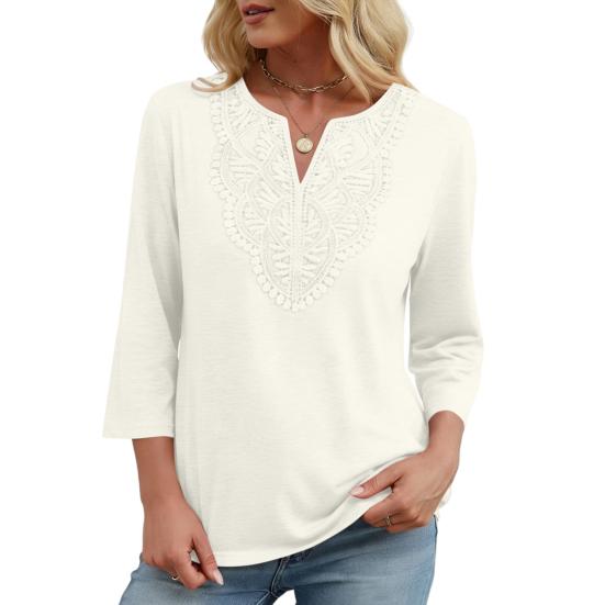 Женские топы с рукавом три четверти, V-образным вырезом, с узором из ажурной вышивки, свободного кроя, повседневная блузка, для повседневной носки