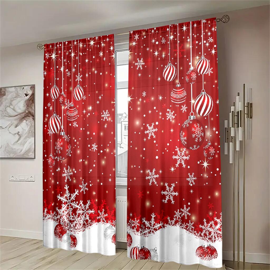 Christmas Ball Stars Decorated Curtain Red Holiday Ribbon Curtain a Set of Two, Home Living Room Bedroom Kitchen Shade Curtain