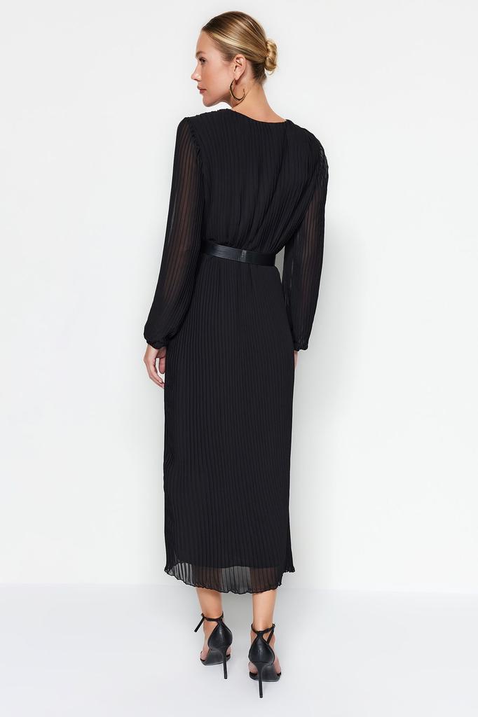 Женское стильное платье Черное шифоновое тканое платье трапециевидной формы с поясом и плиссировкой макси