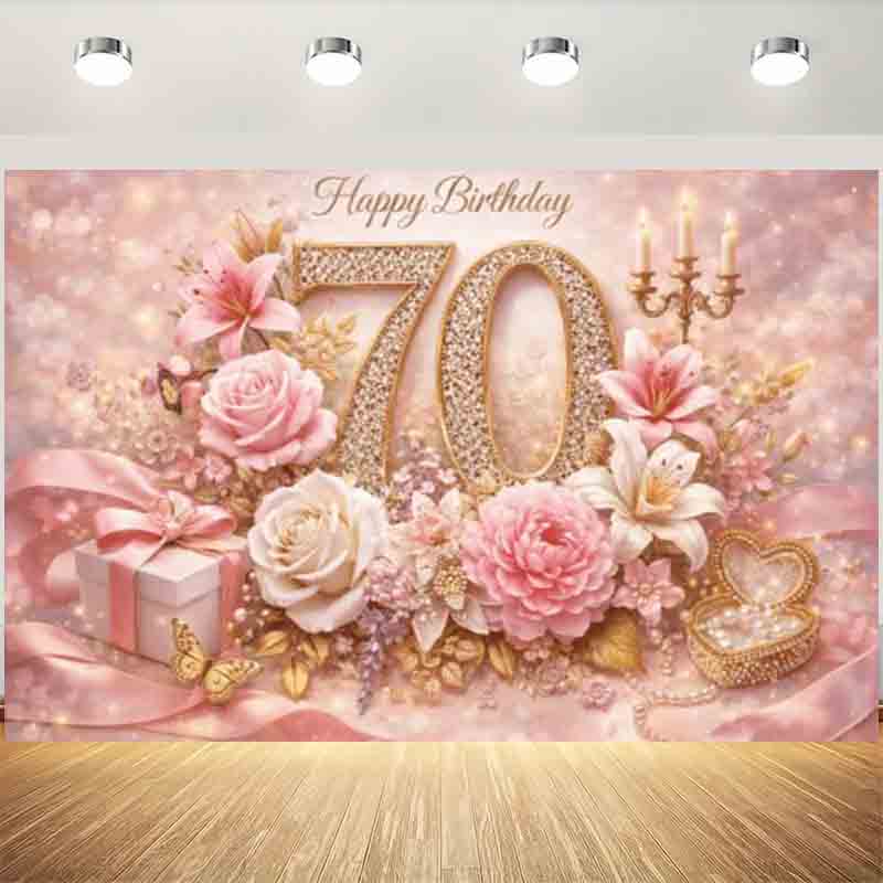 Luxury Diamond 70th Birthday Photography Backdrop Pink Rose Lily Floral Candle Women 70 Years Old Anniversary Party Phot