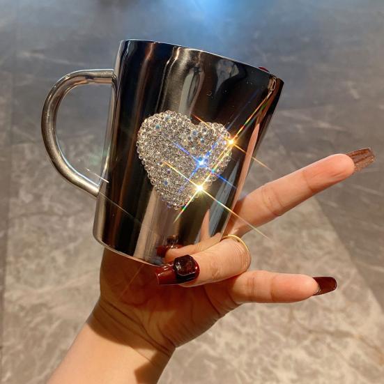 Coffee Mug Heart-Shaped Rhinestone Water Cup Stainless Steel Faux Crystal Mugs for Hot Beverage