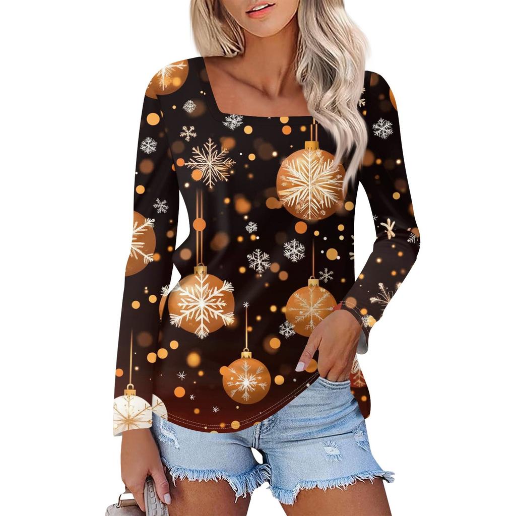 Женская модная повседневная рубашка с длинными рукавами и рождественским принтом с квадратным вырезом и длинными рукавами