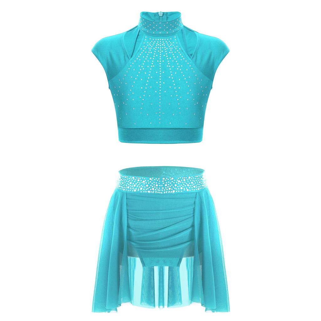 Костюм для фигурного катания для девочек, укороченный топ без рукавов с вырезом, пояс со стразами, юбка асимметричной формы, одежда для танцев