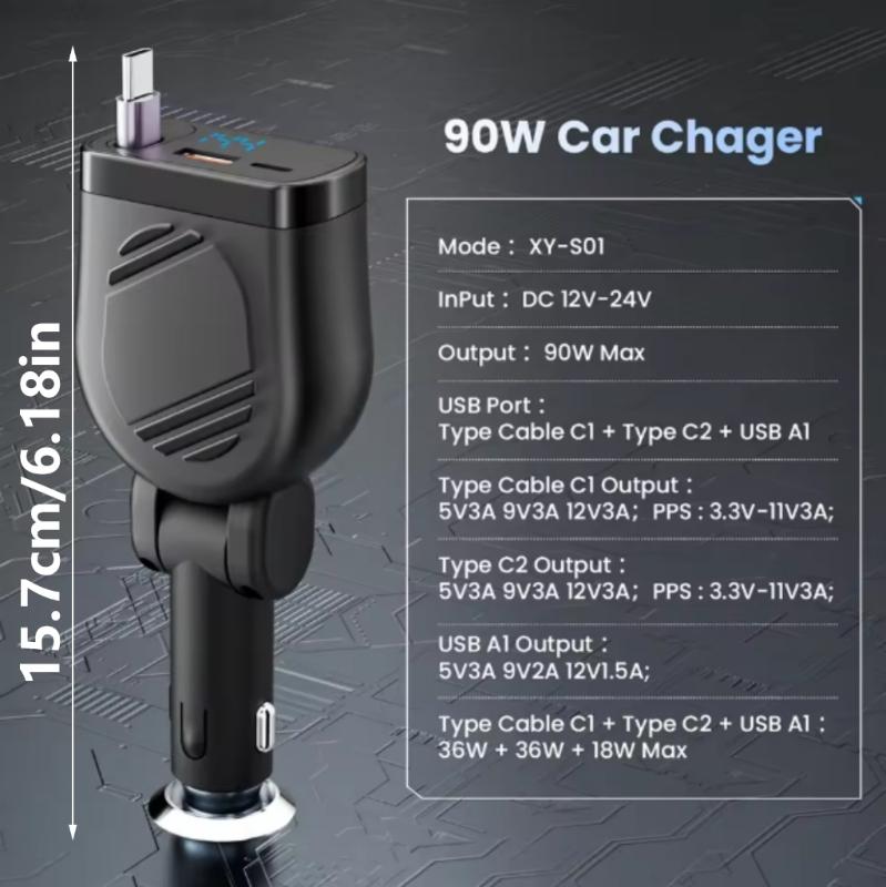 Автомобильное зарядное устройство USB C 120 Вт Type C Быстрое автомобильное зарядное устройство с выдвижным кабелем USB C Автомобильный адаптер для телефона, планшета, ноутбука