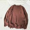 Men Sweater Solid Color Ripped O Neck Oversized Couple Sweater