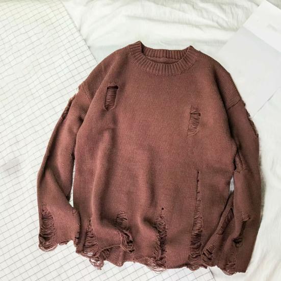 Men Sweater Solid Color Ripped O Neck Oversized Couple Sweater