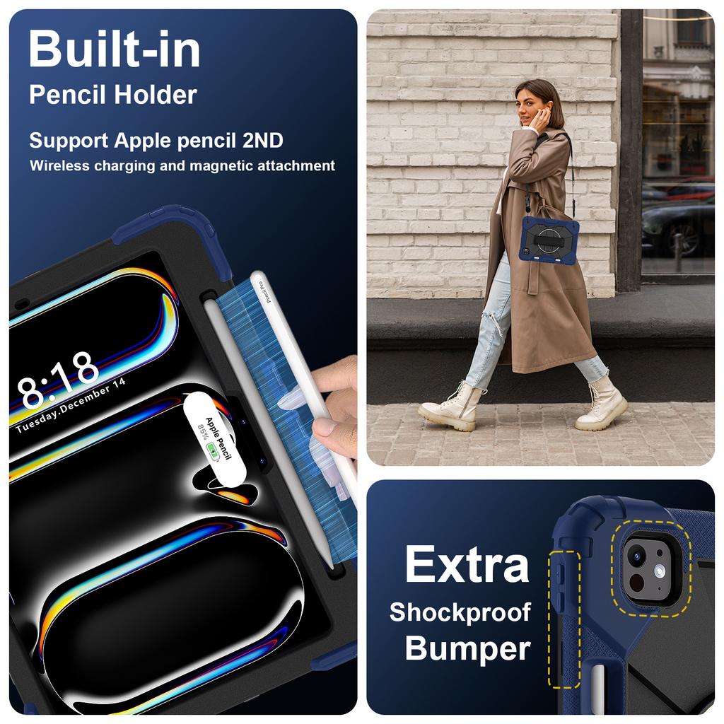 For iPad Pro 11 (2024) Case Kickstand Silicone+PC Tablet Cover with Shoulder Strap