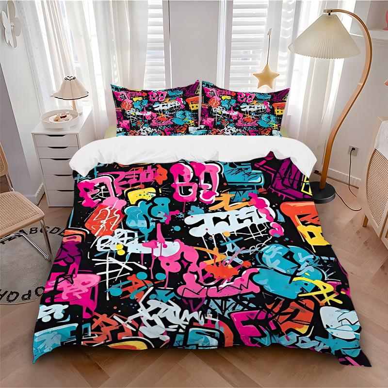 3pcs Graffiti Art Bedding Set - Includes One Quilt Cover and Two Pillowcases (No Core) - Home Decor, Festival Gift, Polyester Fabric, Anime Cartoon De