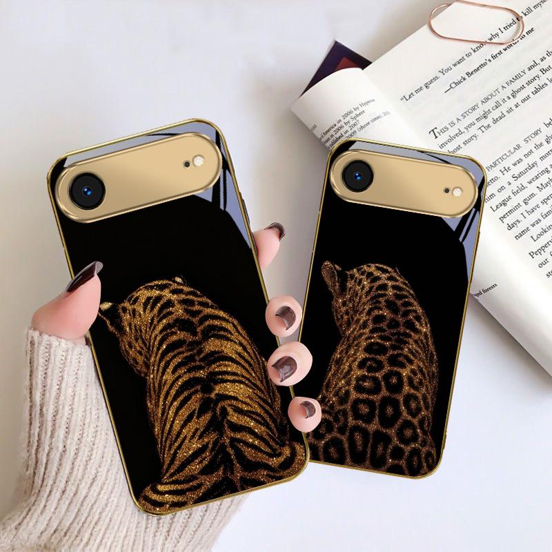Черный фон с леопардовым принтом Для IPhone 17 Pro Max 16 17 Pro 15 Pro 14 13 Plus 12 Mini 11 Pro Max XR 16E 17 Air Золотой стеклянный чехол для телефона