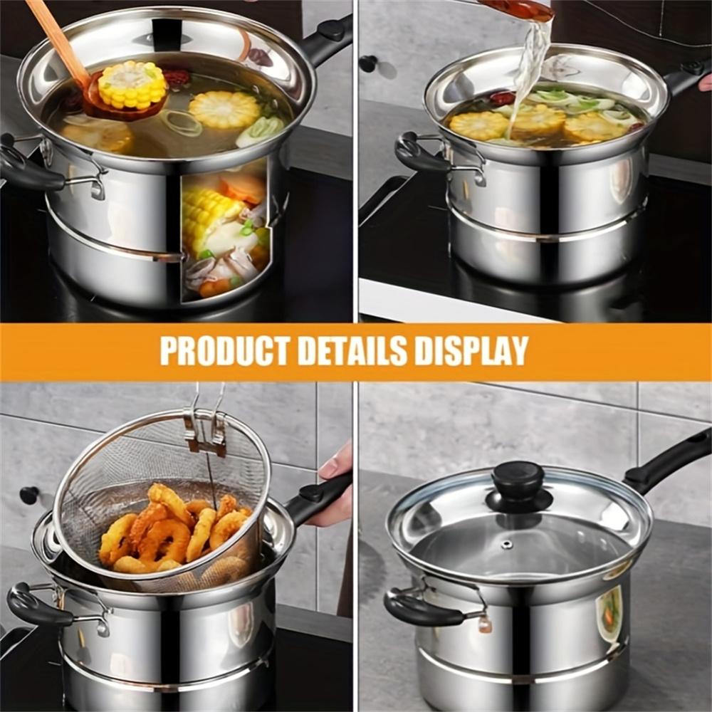 Набор посуды из нержавеющей стали 3-в-1, включающий корпус кастрюли+стеклянную крышку+корзину для фритюра, вставку-пароварку и стеклянную крышку, многофункциональный