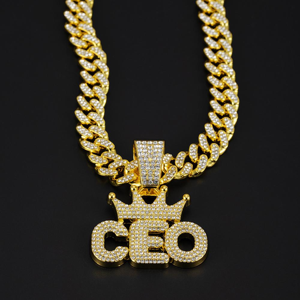 Men Hip Hop Crown CEO Letter Pendant with Cuban Link Chain Necklace For Women Men Bling Iced Out Rhinestone Necklaces Jewelry