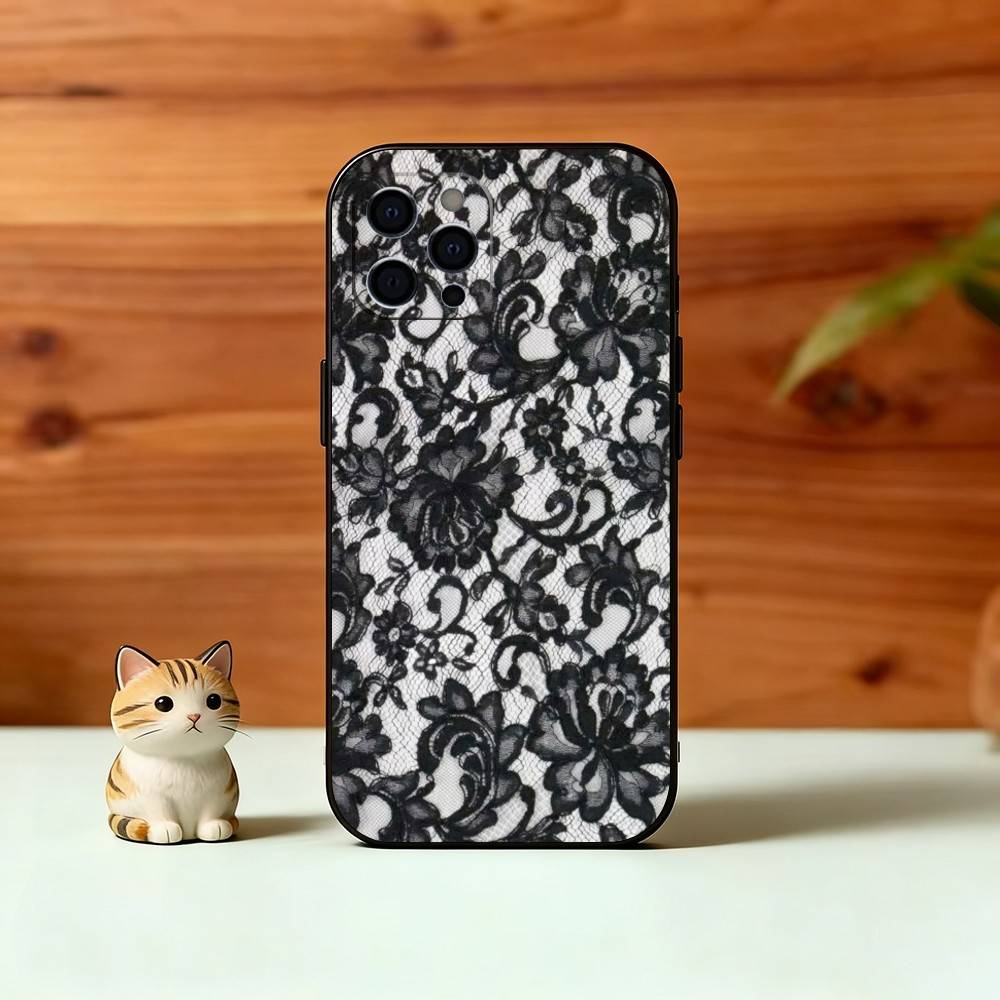 Черный чехол с кружевным принтом для iPhone 17,16,15,14,13,12,11 Plus,Pro Max,XS,Мягкий силиконовый черный чехол