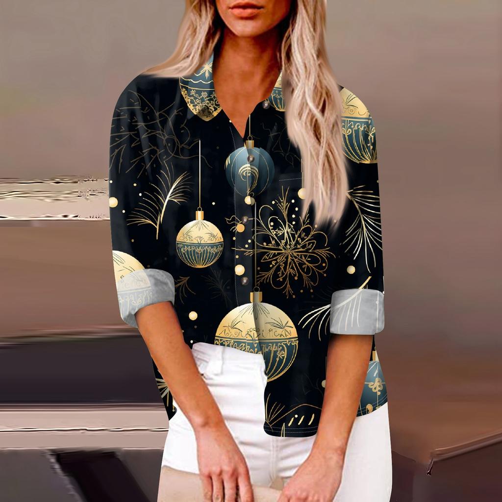 Женская свободная повседневная рубашка с длинными рукавами и рождественским принтом, кардиган с принтом и карманами