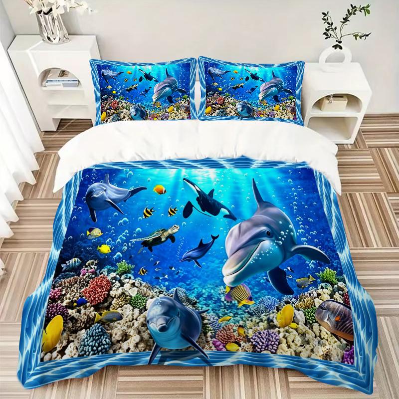 3Pcs Underwater Marine Life Bedding Set Quilt Cover Pillowcase Home Christmas Xmas Halloween Gift 1 Duvet Cover 2 Pillowcase M924634