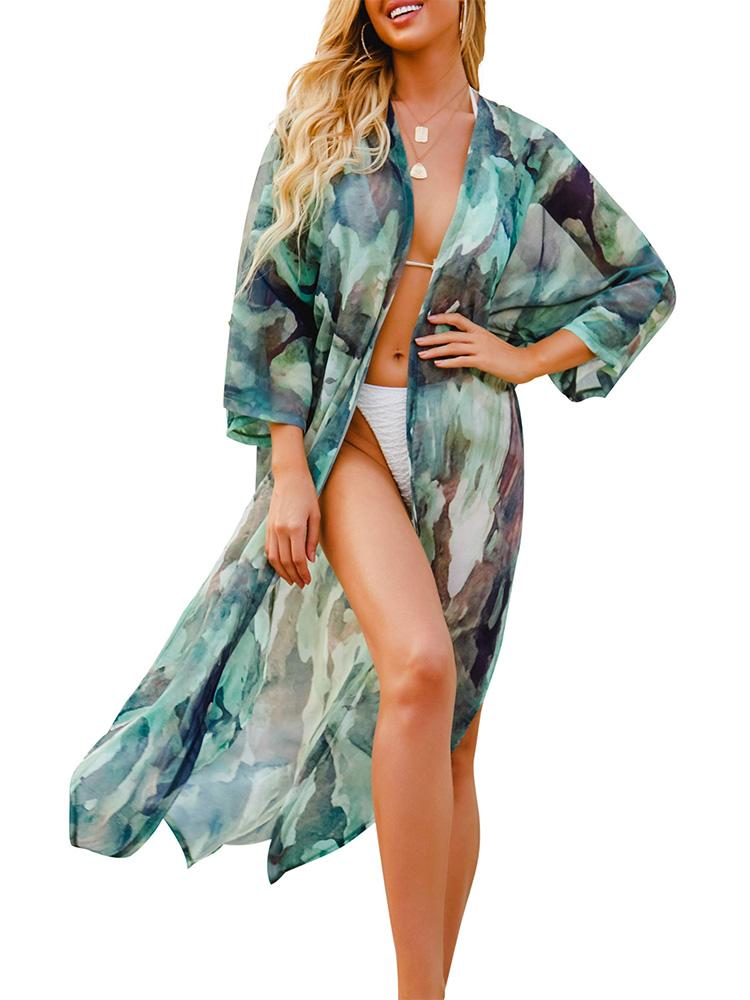 2024 Шифоновая туника с принтом в стиле бохо, сексуальный купальный костюм, накидки, летняя пляжная одежда, платье-кимоно, женский летний купальник, накидка
