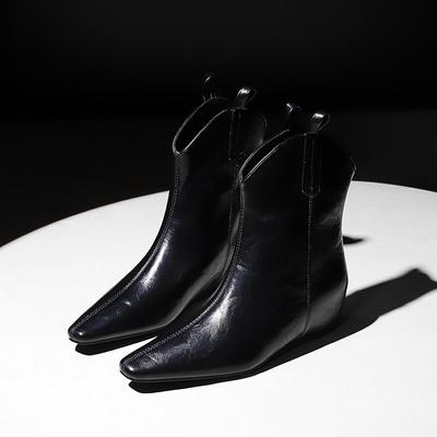 Женские черные кожаные ботильоны в стиле ретро, женские ботинки в стиле вестерн, увеличенный внутренний каблук, коричневые квадратные носки, осенние женские лаконичные туфли