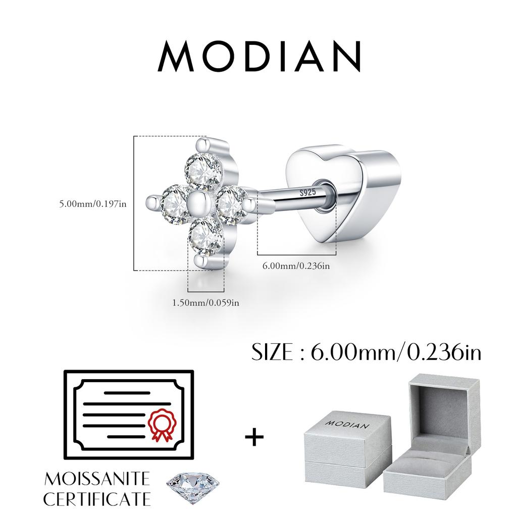 MODIAN D Moissanite Cartilage Earrings 925 Sliver Four Leaf Clover Heart Screw Stud Earrings For Women Jewelry