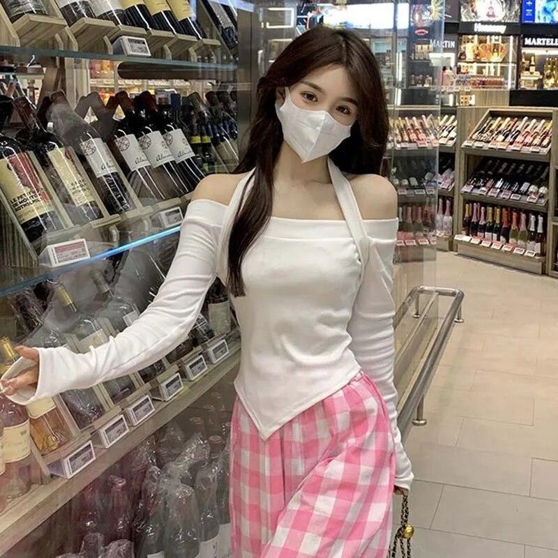 Off Shoulder Cropped Top Sexy Slim Women Thin Sweater Knitted Pullover Hottie Long Sleeve Tight Undershirt Hanging Neck Design