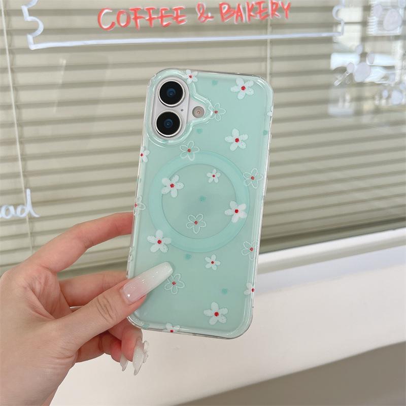 Mint Green & White Floral Magnetic Case for iPhone 17/16 Pro Max/15 Pro