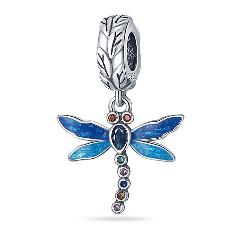 100% 925 Silver Exquisite Colored Dragonfly Charms Pendants Sparkling Zircon Fit Qikaola Bracelets DIY Jewelry