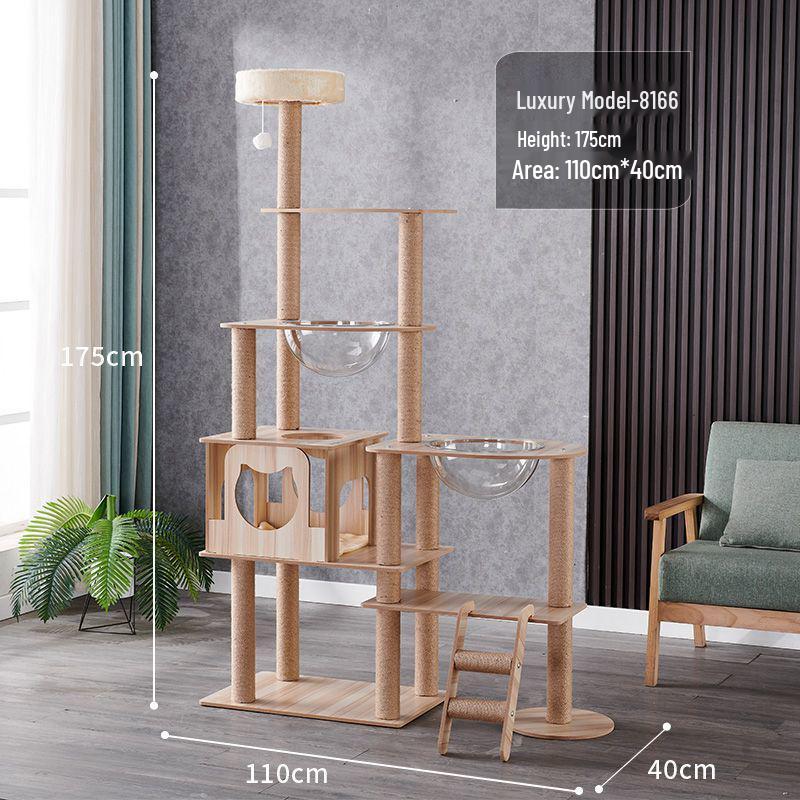 Большая кошачья игровая башня со встроенной кроватью-капсулой, когтеточкой, платформой от пола до потолка и полками.