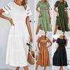 Women Dress Hollow Out Short Sleeves O Neck A-line Loose Hem Pleated Patchwork Solid