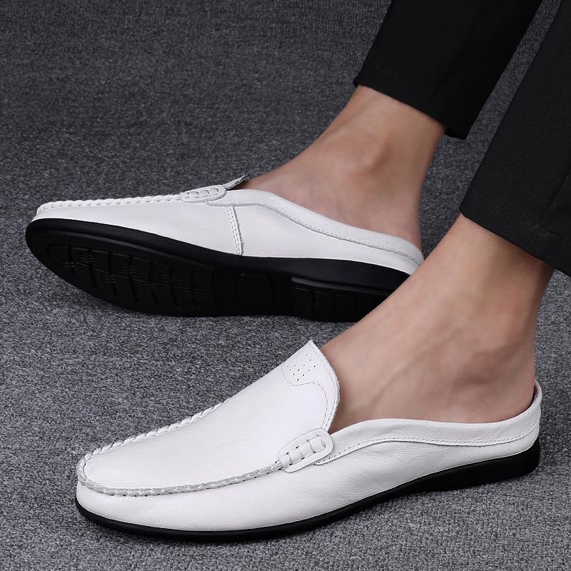 FashionMen's Casual Shoes Breathable Genuine Leather Loafers Men Business Office Half Shoes For Men Driving Moccasins Luxury Slippers