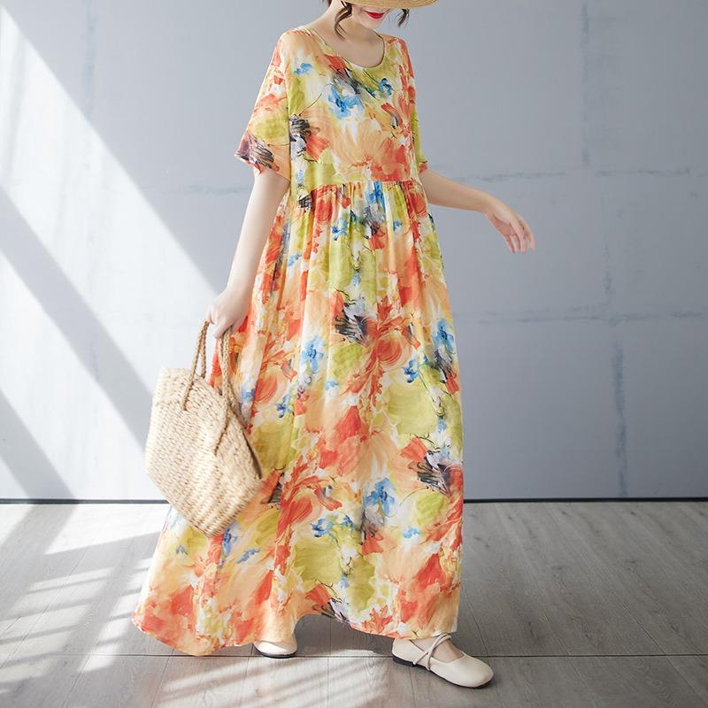 Летнее Новое Простое Богемное Длинное Платье Увеличенного размера с Коротким Рукавом и Круглым Вырезом с Принтом Женская Одежда