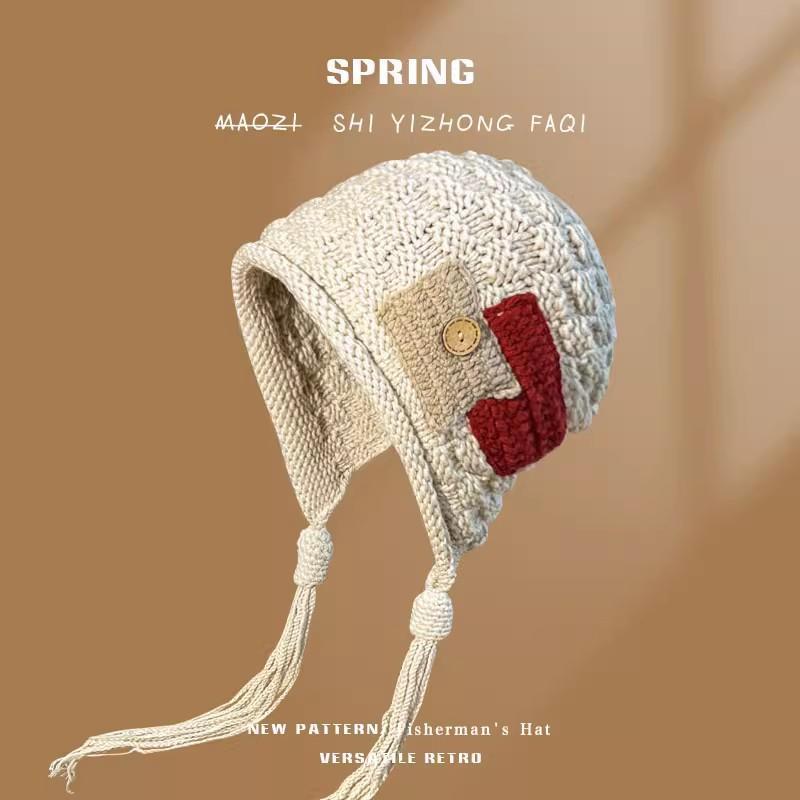 Korean Version Trend Tassel Warm Hat for Women Autumn and Winter Handmade Knitted Wool Hat Versatile Ear Protection Hat
