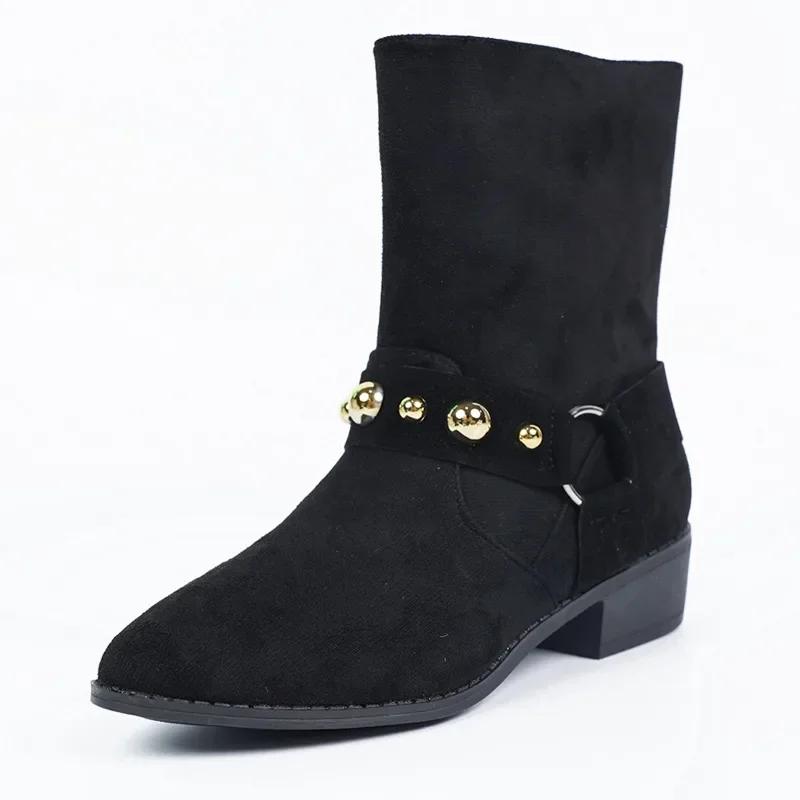 Fashion Fashion Pointed Toe Ladies Shoes 2024 Comfortable and Versatile Black Suede Women's Mid Calf Boot Casual Large Size Square Heels