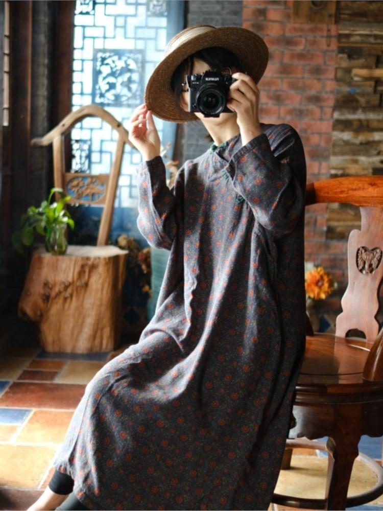 Johnature Женское винтажное синее платье с цветочным принтом, хлопковое мягкое платье с длинными рукавами, весеннее женское платье на пуговицах в китайском стиле