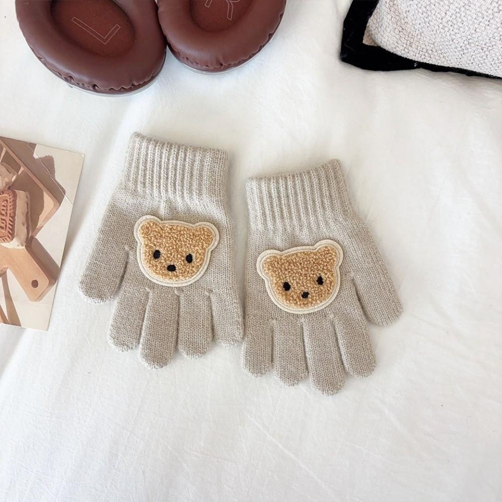 Solid Color Kids Winter Gloves Knitted Material Cartoon Bear Gloves Cozy Warm Gloves For Girls