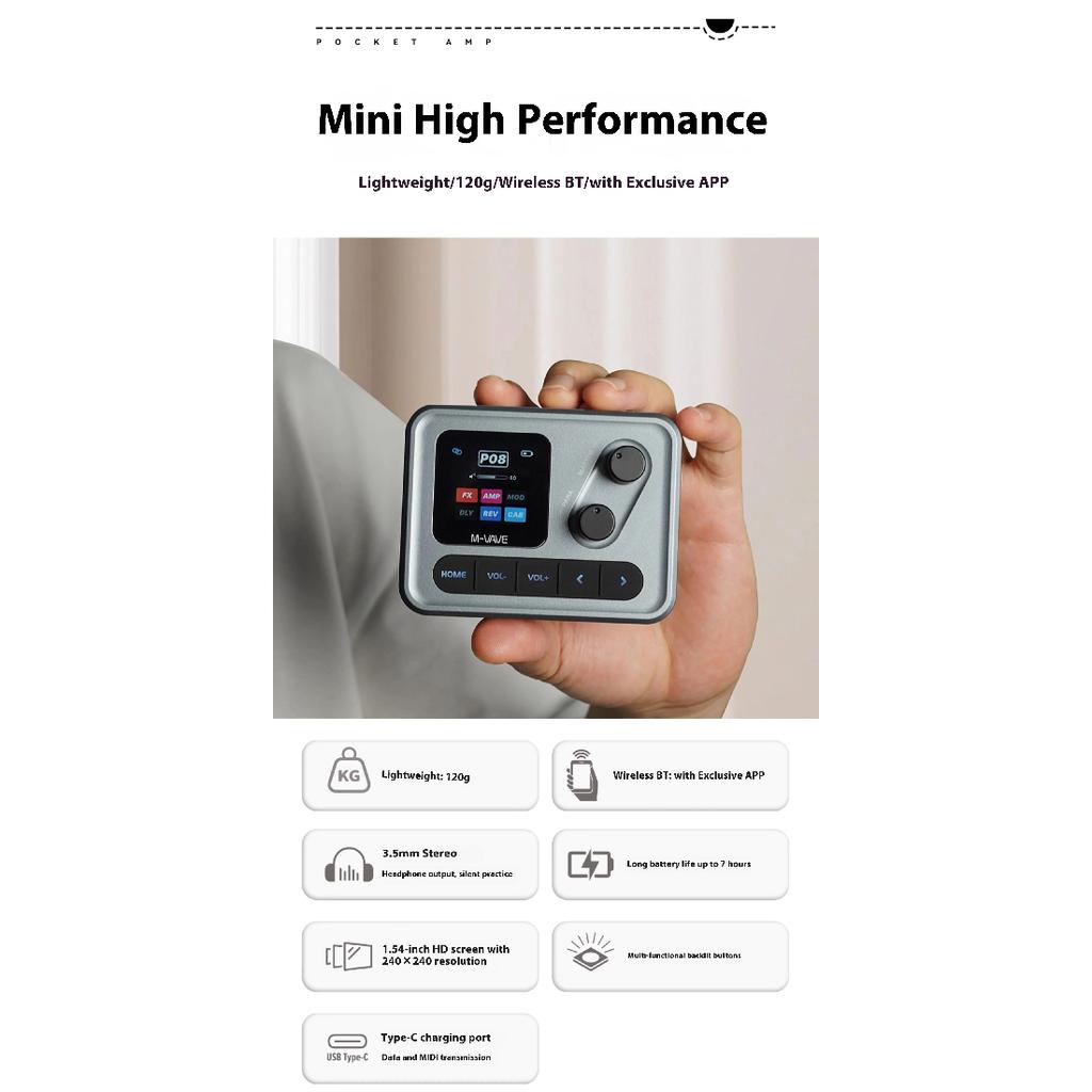 M-VAVE Pocket AMP Портативная гитарная педаль эффектов 1,54-дюймовый ЖК-дисплей Драм-машина/7-секундный лупер Многоэффектный процессор для гитары/баса Запись