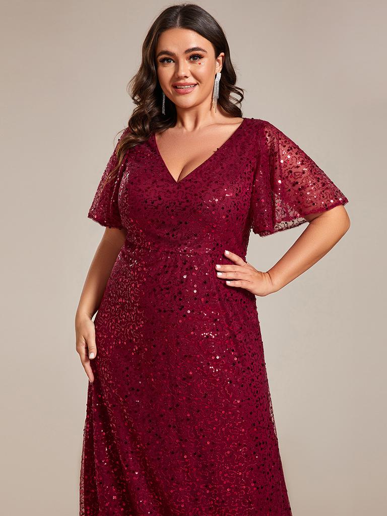 Ever-Pretty Women's Plus Size Shiny Sequin V-Neck A-Line Evening Dresses with Ruffles Sleeves