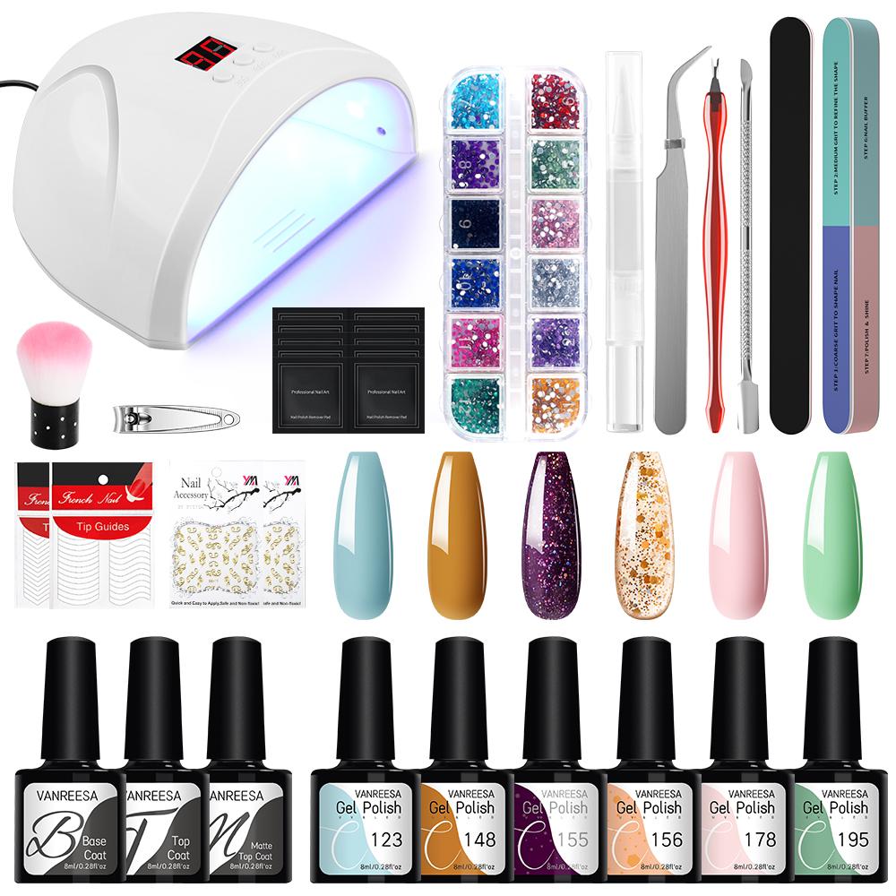 VANREESA Набор гель-лаков для ногтей с лампой для сушки ногтей, замачиваемый УФ-светодиодный полуперманентный набор гелей для ногтей, набор инструментов для дизайна ногтей