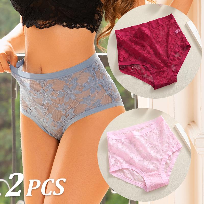 FINETOO 2Pcs Sexy Floral Lace Panties High Waist Lace Briefs Hollow Out See-Through Romantic Lingerie Fashionable Underpants Underwear