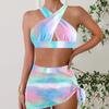 Plus Size Women Fashion Sexy Round Neck Colorful Sky Bikini Set Slim Fit Beach Swimsuits Two Piece Set