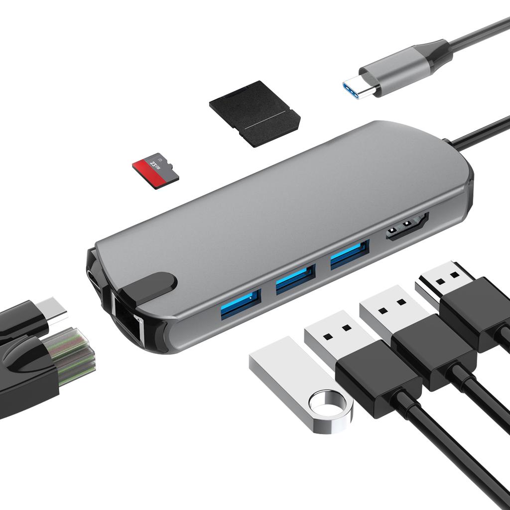 FX-1916 Type-C HUB 8 in 1 USB-C Adapter with 4K@30Hz HDMI/100W PD USB C Port/USB 3.0/RJ45 Ethernet/SD/TF Card Reader Docking Station
