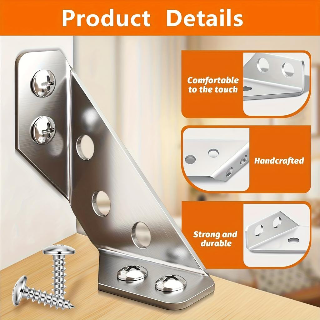 2/20set Corner Brackets Stainless Steel Furniture Angle Shelf Connector Cabinet Support Fixing Frame Corner Brace with Screw