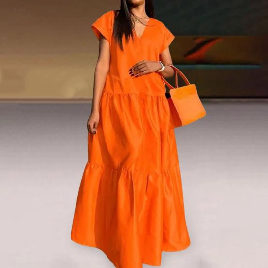 Women Summer Dress Loose V-neck Patchwork Short Sleeves Party Wearing A-line Full Length Lady Maxi Dress Female Clothes