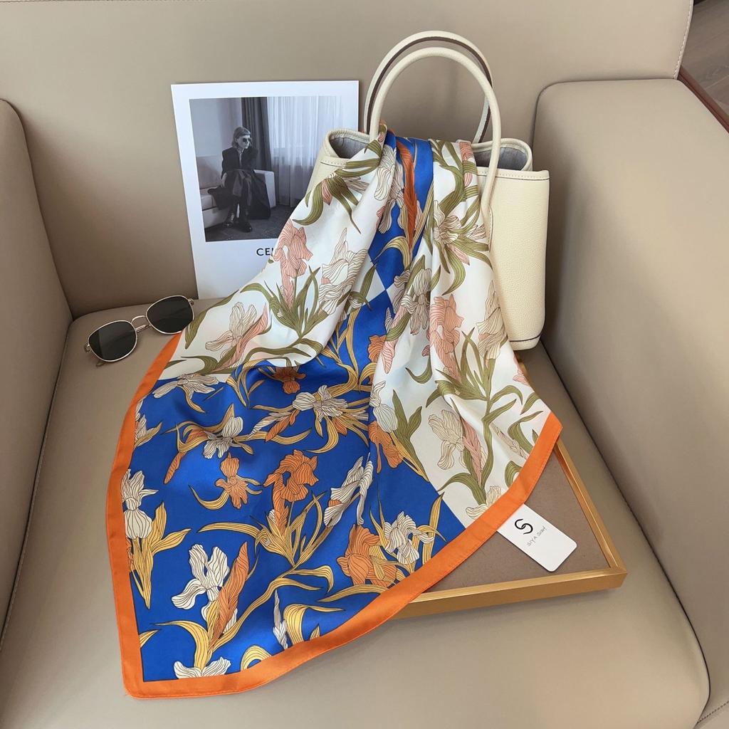 Silk Scarf Female Stripe Black and White Printing Spring and Summer New Decoration Simple Fashion Simulation Silk Square Scarf